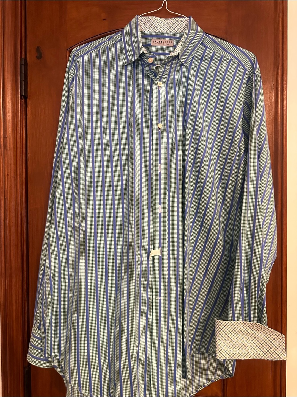 Men’s Long-Sleeve Stripe Dress Shirt in Blue and Green